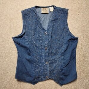 Wrangler Western Wear Blue Denim Embroidered Vest Womens XL Floral Cotton